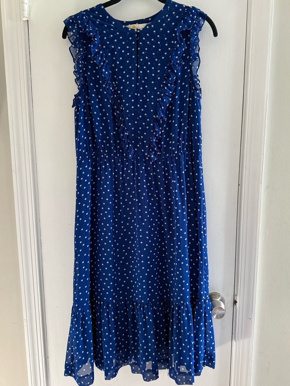 Boden Blue Polka Dot Ruffle Midi Dress Size 12P